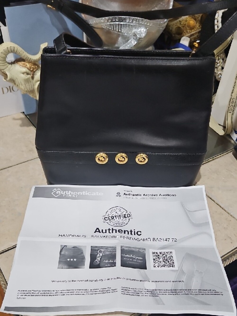 Vintage Salvatore Ferragamo Leather Black Shoulder Bag w/Gold Hardware & COA - Picture 5 of 16